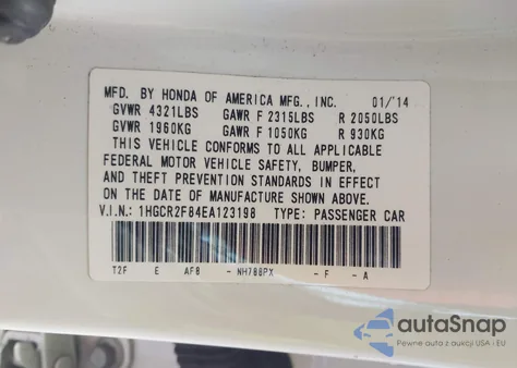 2014 Honda Accord Ex-L z USA, uszkodzony, nr VIN 1HGCR2F84EA123198